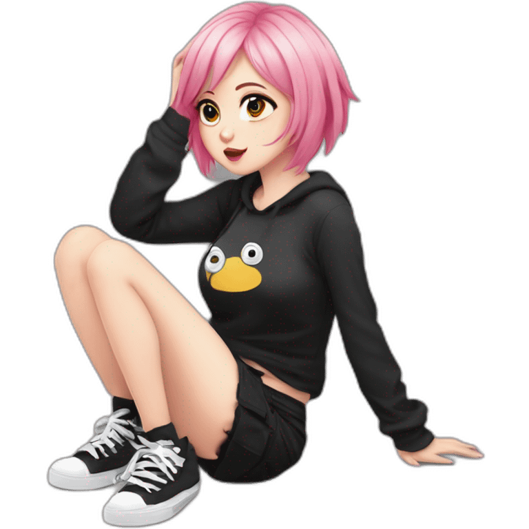 Full body Front view curvy emo girl pink hair sits on the floor straight view hands up black skirt белые трусики полосатые рваные чулки emoji