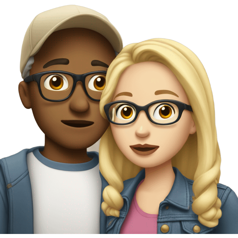 blonde woman with glasses and men with light skin and cap and no glasses kissing emoji