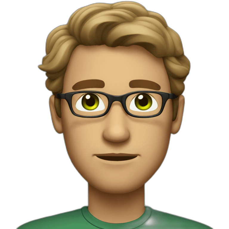 A serious guy with long and a little wavy brown color, green eyes, fairly thin black glasses. emoji