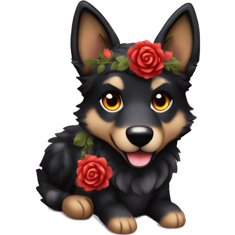 Midnight starry night stars dark Brindled striped brindle black German shepherd fox carrying glowing red lantern, fairy lights, rose flower crown, bokeh lights, out of focus blur emoji