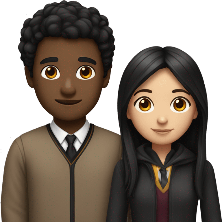 a girl with brown skin and black straight hair with a boy that looks like harry potter emoji