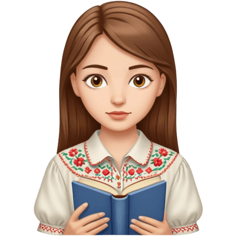 A Ukrainian girl with brown hair in an embroidered shirt reads a book emoji