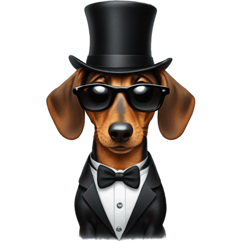 Daschund with sunglasses in a tuxedo wearing a tophat emoji