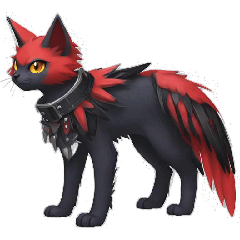 cool edgy black punk red nargacuga-cat-raven-animal hybrid Fakemon collar full body emoji