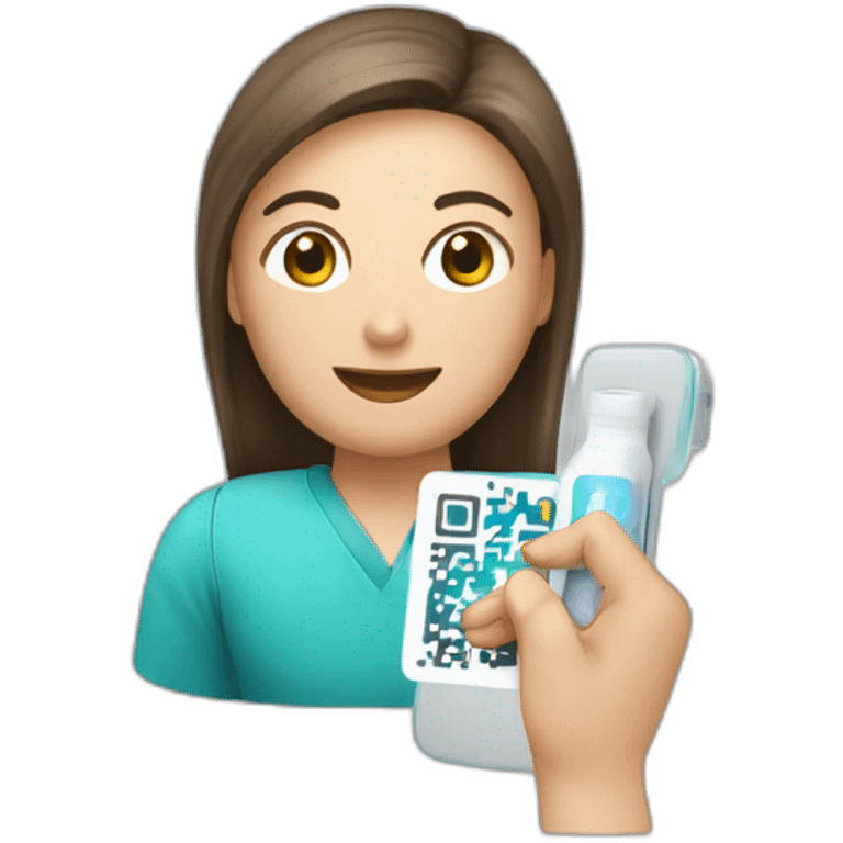 Un emoji di una persona comune che con uno smartphone scansiona un codice QR da un flacone di medicinale. emoji