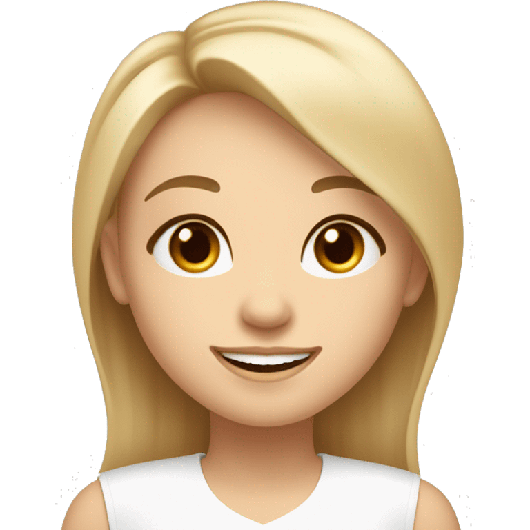 a girl, heart-shaped face with high cheekbones and a slightly pointed chin, almond-shaped brown eyes framed by long natural eyelashes. 
Arched eyebrows, medium density, long light blond hair, wide smile showing teeth, joyful and expressive face emoji