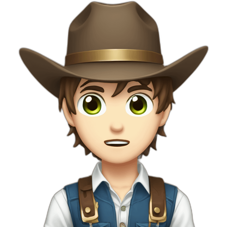 Young male cowboy with brown hair and one brown eye and one green eye, wearing a white shirt, a blue vest, and a brown cowboy hat, anime chibi style, surprised, mouth open emoji