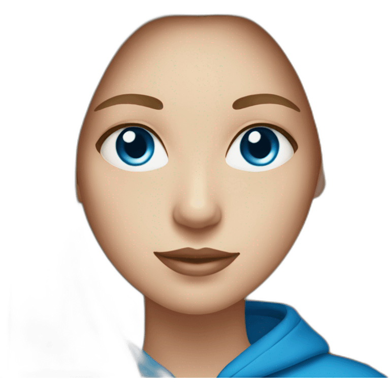 White woman with long dark straight hair and blue eyes with long eyelashes and blue hoodie emoji