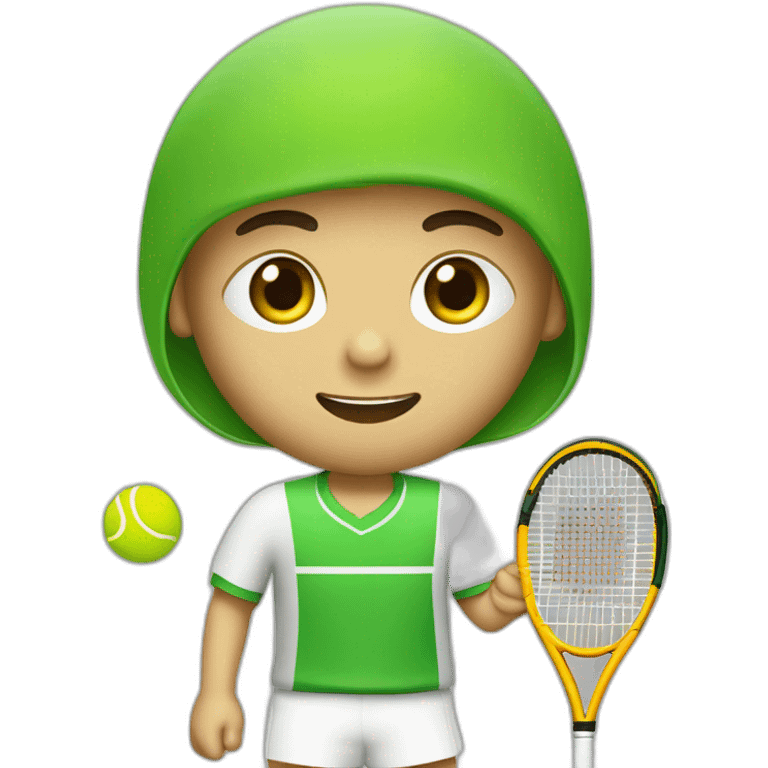 Ragazzo riccio con occhi verdi con maglietta gialla gioca stanco con una racchetta da tennis emoji