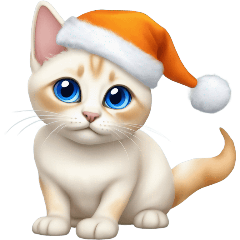 chubby flame point Siamese, white fur with orange accents and blue eyes wearing a Christmas hat ￼ emoji