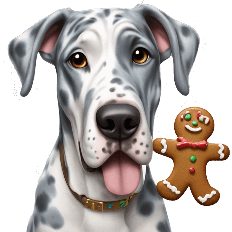 Blue Merle Great Dane eating gingerbread man emoji