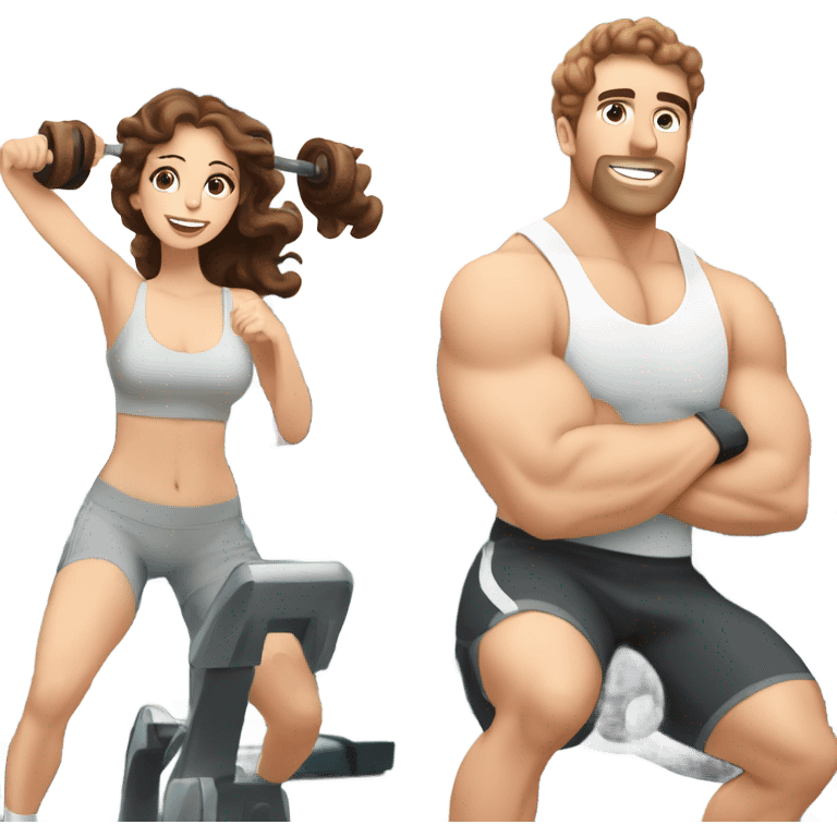 In a gym  husband with white skin and brown hair and wife with white skin and brown curly hair  emoji