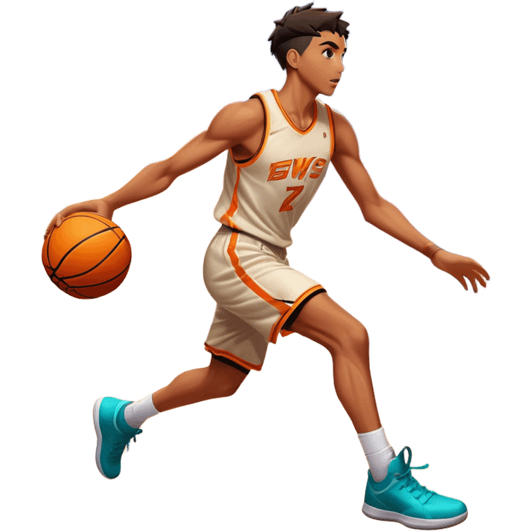 Cinematic Realistic image of a basketball captured in dynamic motion, with detailed surface textures and a slight motion blur, set against a vibrant urban backdrop with energetic lighting emoji