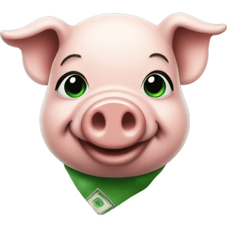 Pig facing right but looking at you and smiling with a tattoo of a dollar sign on his side in green ink emoji