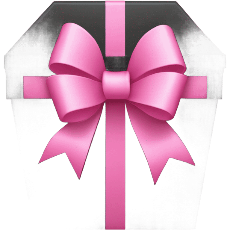 A black coffin-shaped box with a large pink ribbon tied in a bow on the front, against a pink background emoji