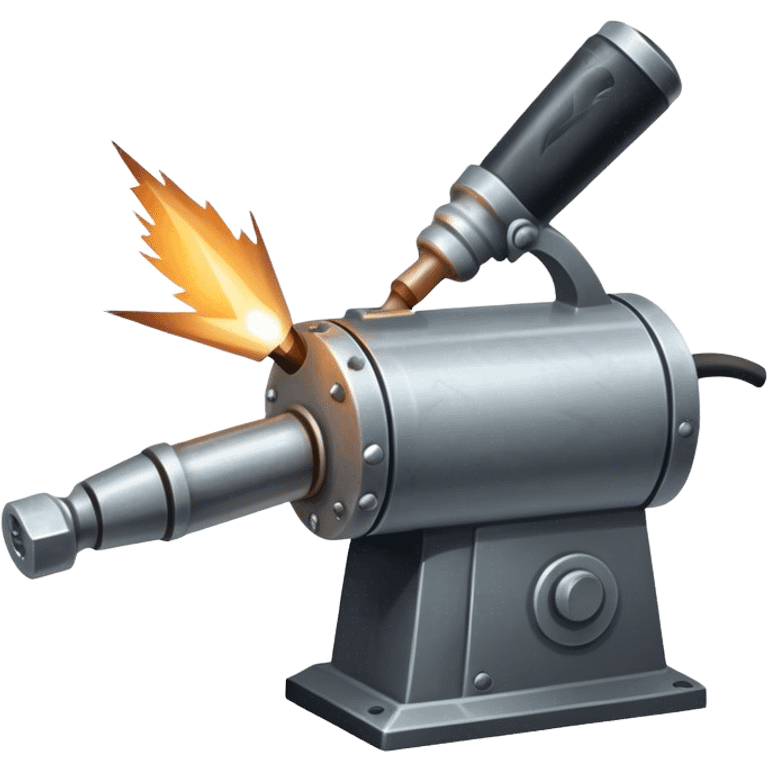 Metalworking icon, piece of metal being hammered, welding torch, metalworking tools like grinder, anvil, sparks flying, minimalistic style, clean lines, transparent background. emoji