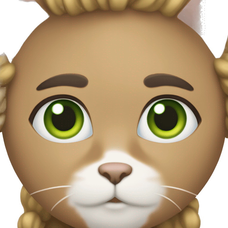 White main coin cat with green eyes. A girl with dark blond hair, brown eyes, a birthmark on her left cheek and thick dark brown eyebrows holding the cat emoji