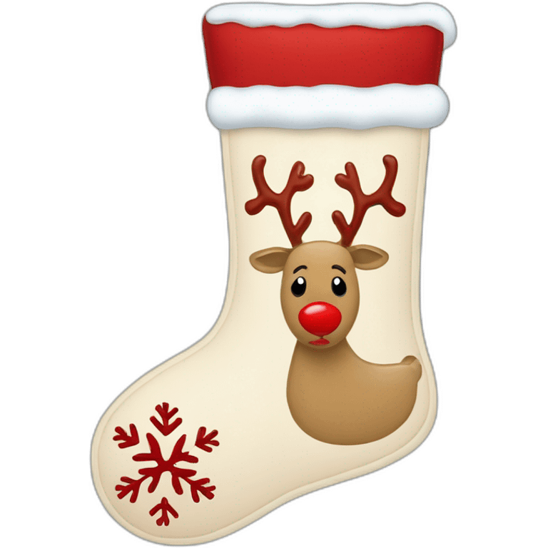 A beige Christmas stocking with red snowflakes and a reindeer drawn on it. The reindeer has a red nose. emoji