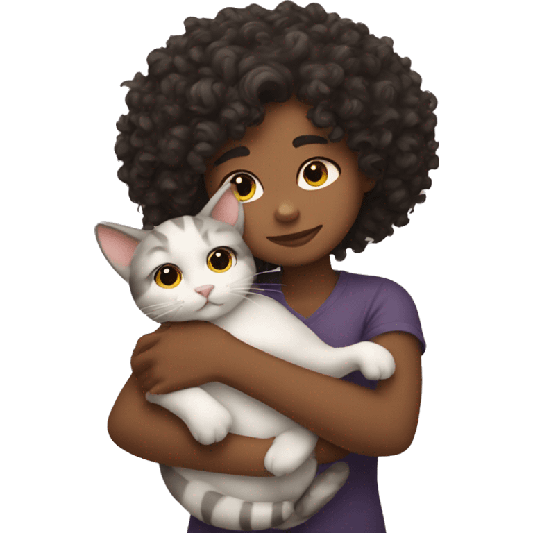 Curly girl hugging cat emoji