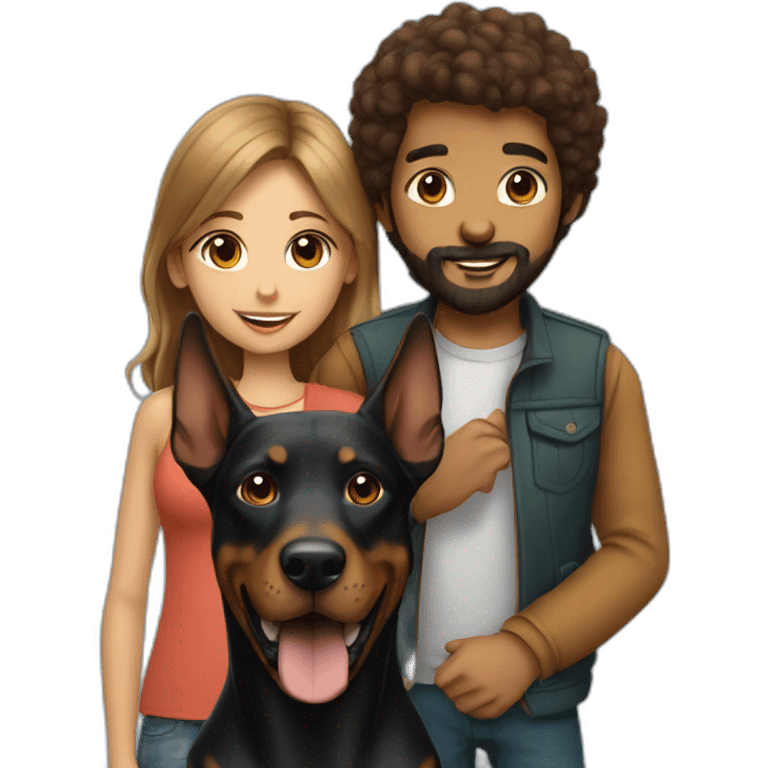 A boy with beard and with a beautiful girl playing with a boy Doberman dog emoji