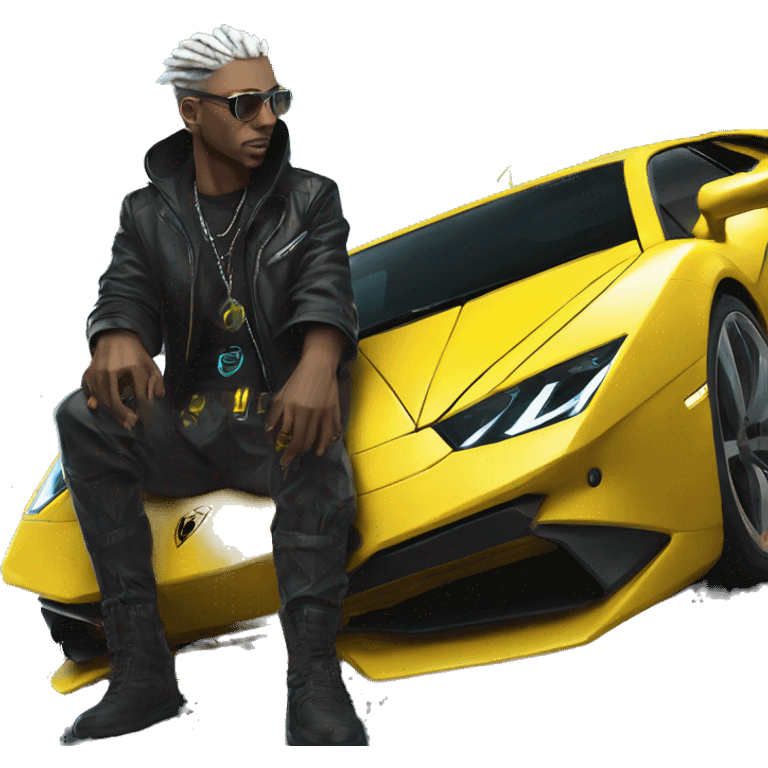 male cyber punk in front of Yellow Lamborghini  emoji