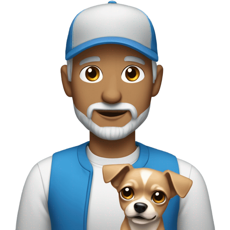 man with blue eyes gray hair and goatee wearing ball cap holding chihuahua with long black hair emoji