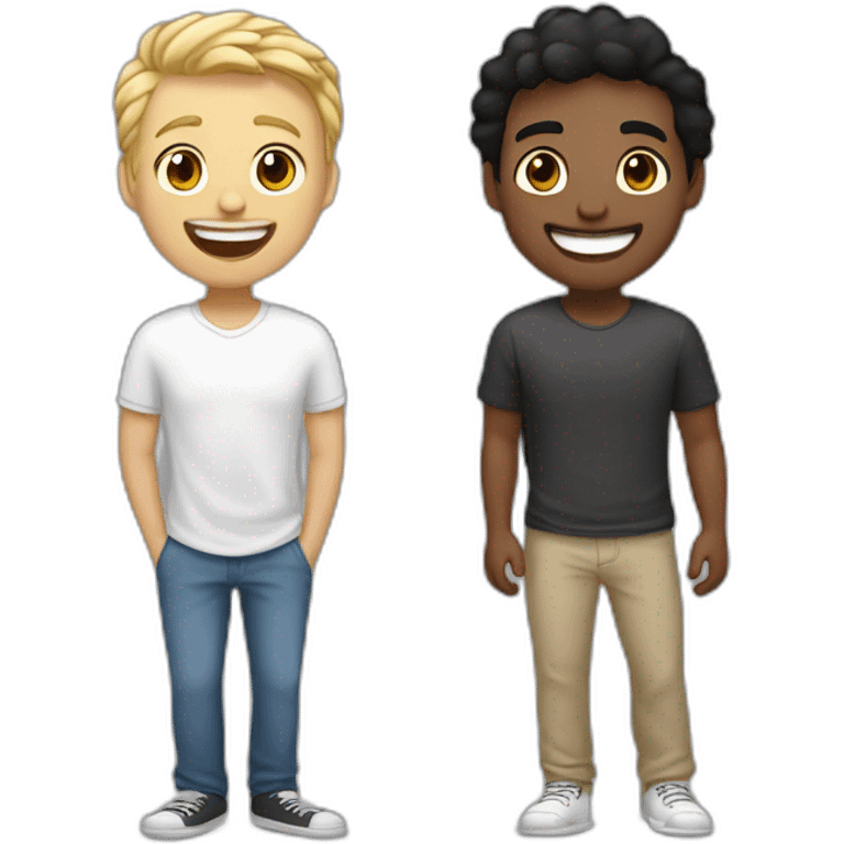 Gay couple, 1 guy Latino black straight hair and 1 Australian white guy with blonde slightly curly hair laughing full body. Also a cat emoji