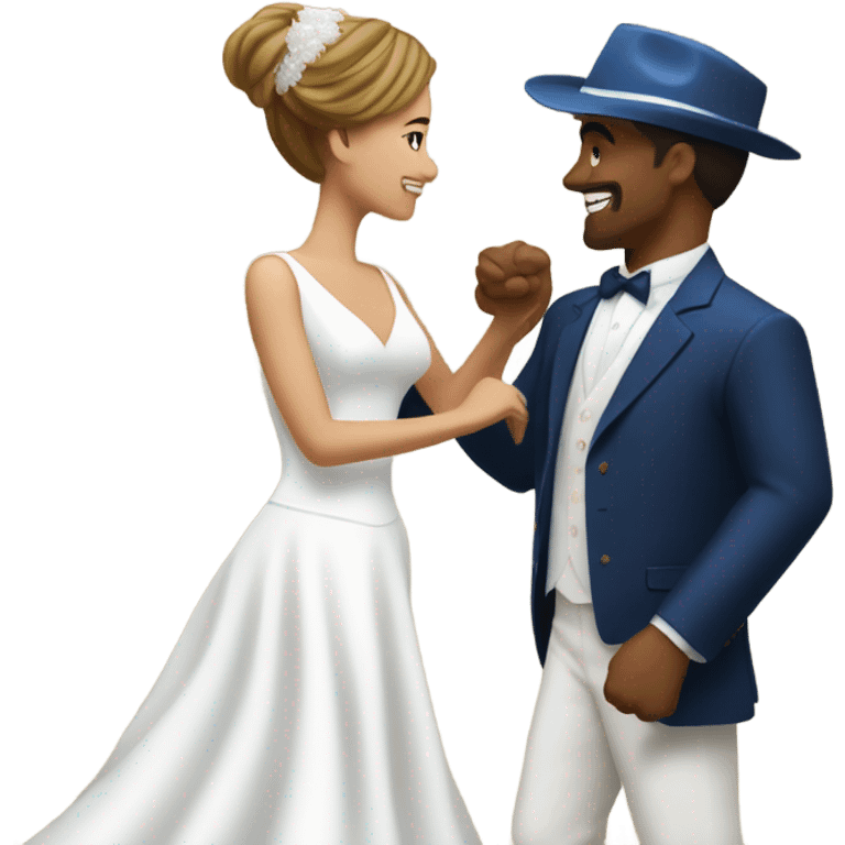 Puerto rican beard short brown hair with blue hat and navy blue suit first dance with blond long hair girl with white  wedding dress  emoji