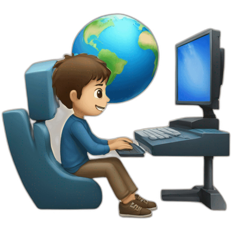 A boy with a computer and behind the planet Earth emoji