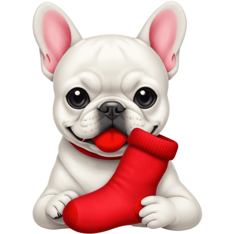 Black and white Bouledogue français eating a red sock  emoji