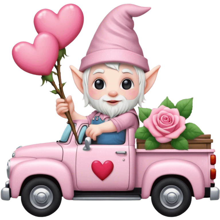 An adorable little pale pink Valentine’s Day style gnome with a rose and hearts in the background riding in the back of a beat up old pick up truck emoji