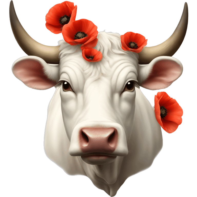 Realistic gentle White Bull Ox with many poppies on big horns emoji