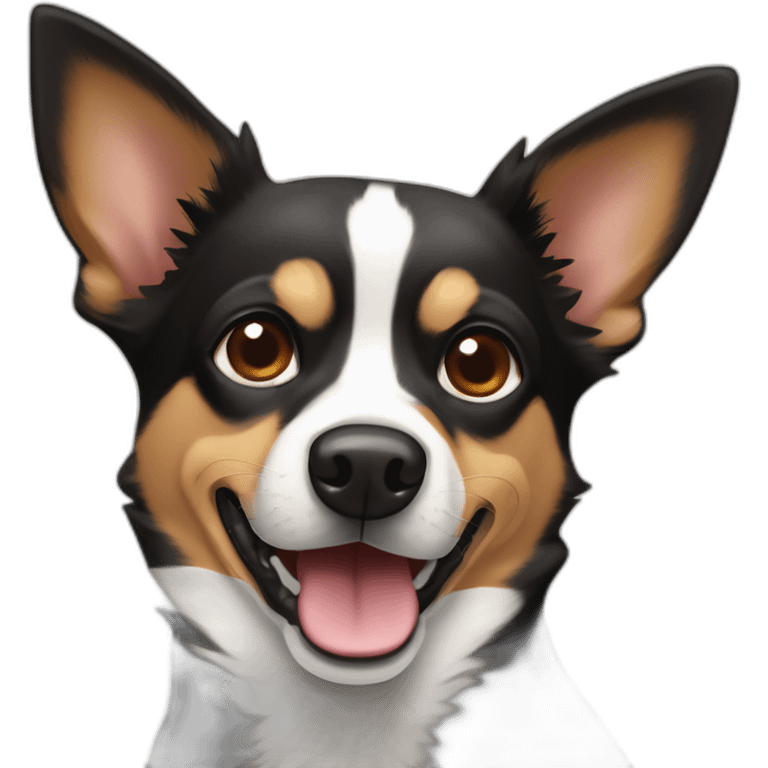 black and brown mutt dog with small german shephard head but larger chihuahua eyes and large overbite with left upper sharp canine tooth a crooked and sticking out mouth emoji