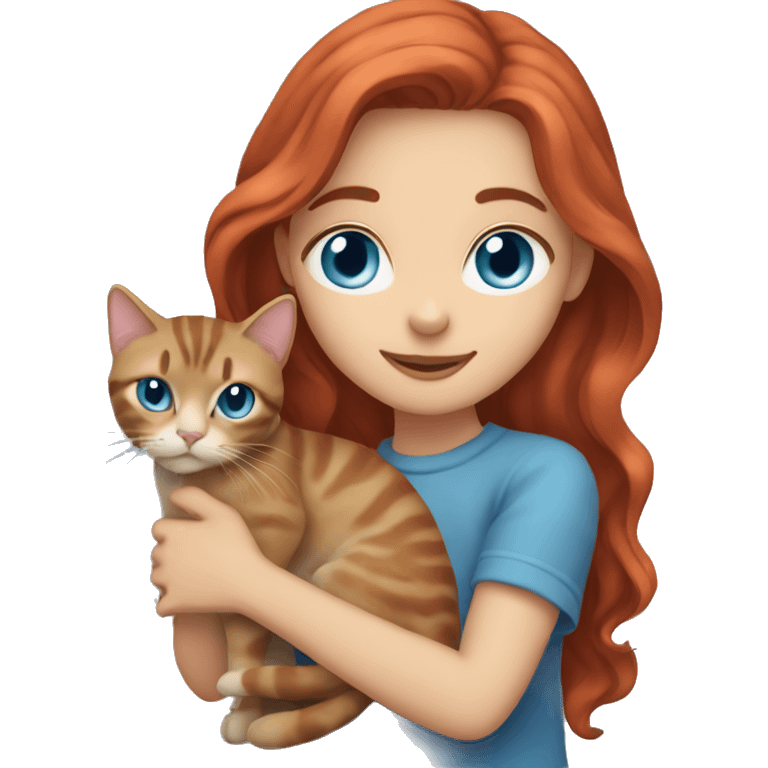 girl with red long wavy hair and blue eyes holding a grey tabby cat emoji