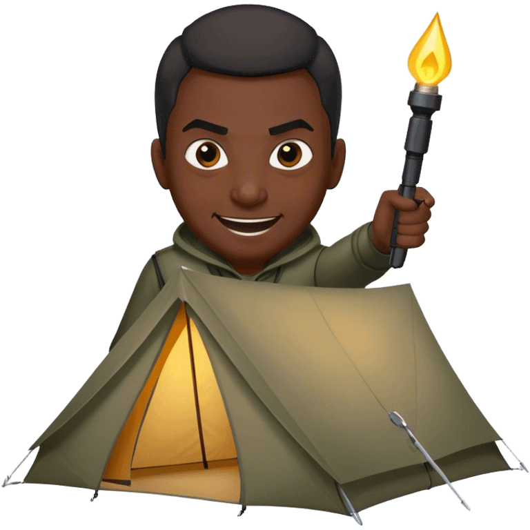 dark skinned black man hovering over a tent aiming his flashlight at the tent with an evil smile on his face emoji