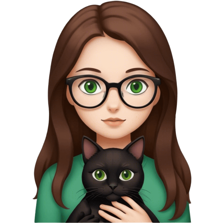 Girl with glasses and long brown hair and green eyes holding a black cat emoji