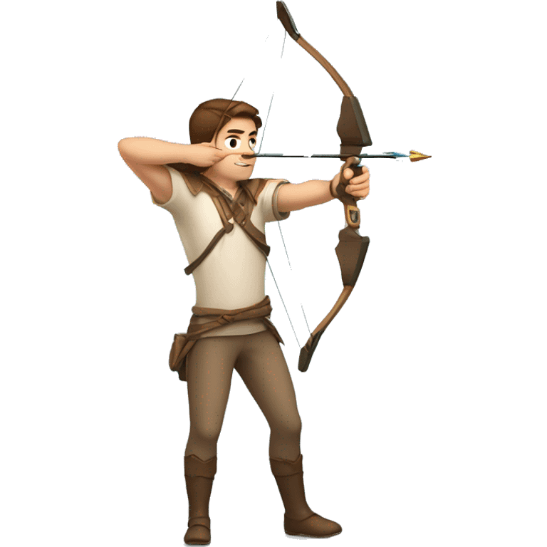 a male archer aiming with a bow looking at his target, brown hair, bright skin, emoji