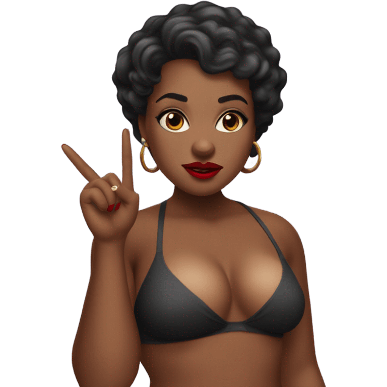 Slim voluptuous Black woman with short hair and red lipstick in a bikini wagging her finger while saying no emoji