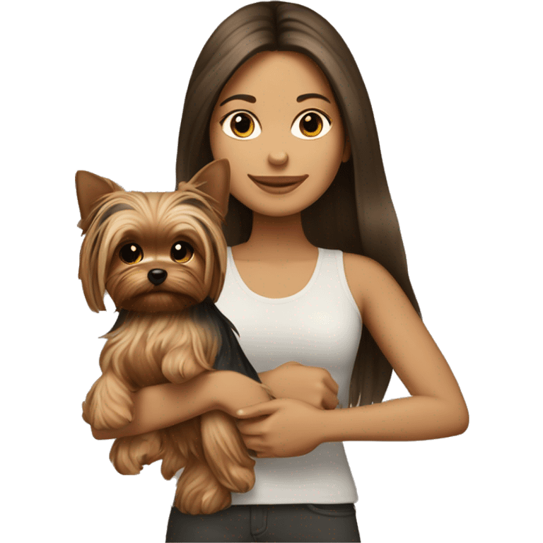 Brunette long hair light tan girl with yorkie puppy emoji