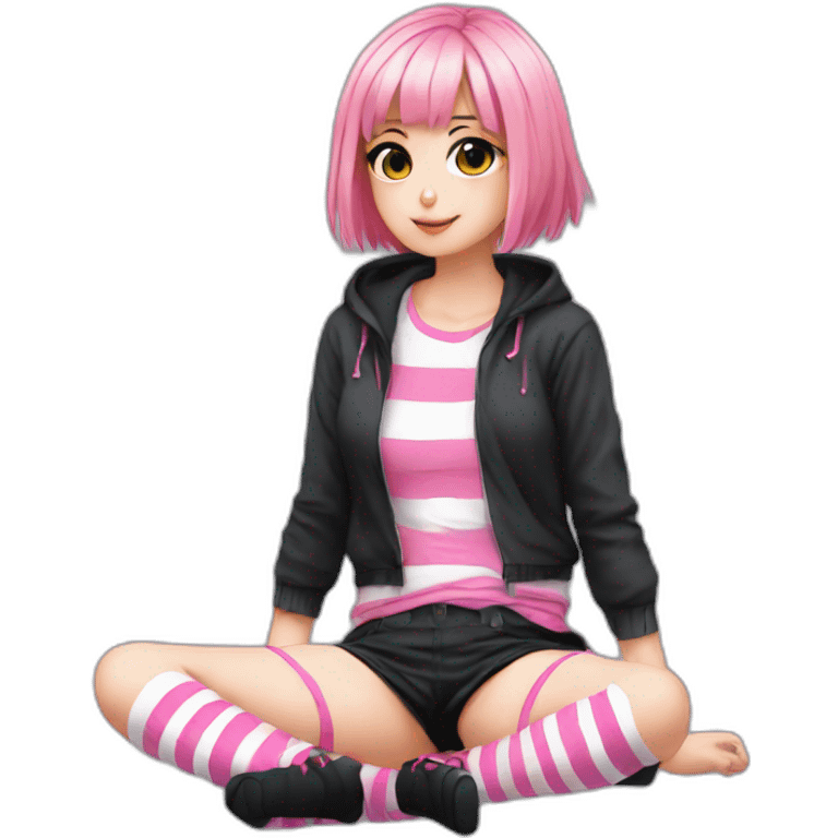 full body Front view emo girl sits on the floor black skirt pink knickers long striped socks emoji