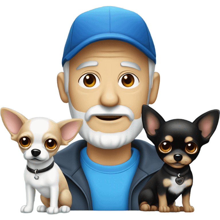 Old man with ‘blue eyes’ goatee beard ball cap holding black long haired chihuahua emoji