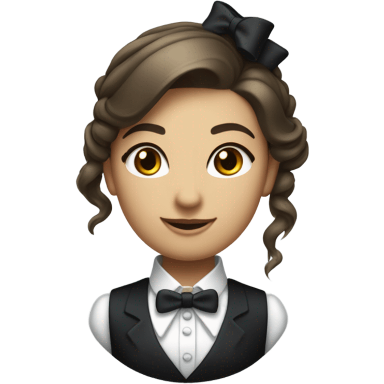 a female butler with a professional and elegant demeanor. She has her hair neatly tied in a ponytail and wears a classic butler uniform, including a tailored vest, crisp white shirt, and bow tie. emoji