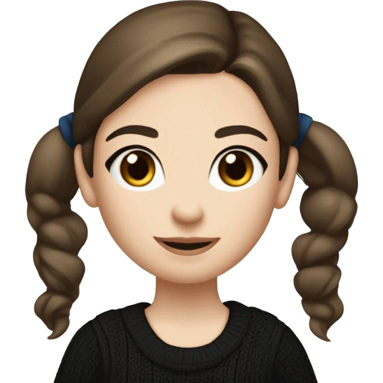 caucasian white IT girl student, holding laptop, blue eyes, dark brown hair ponytail wearing a thick black sweater emoji