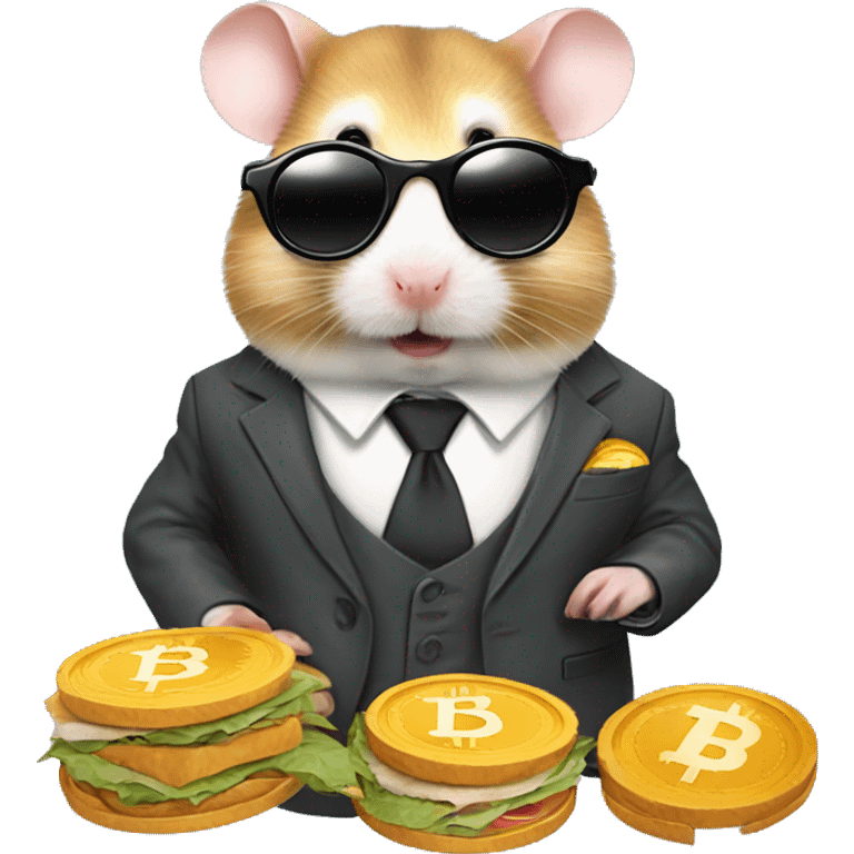 Hamster in three-piece suit wearing round shades and having a sandwich with bitcoins in emoji