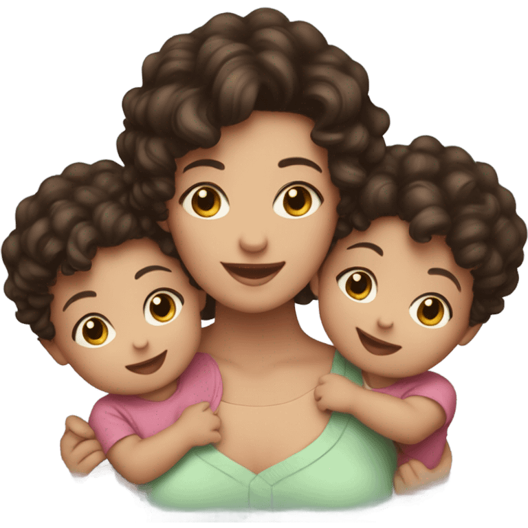 a mom with short dark brown curly hair  and 2 twins baby’s one boy one girl emoji