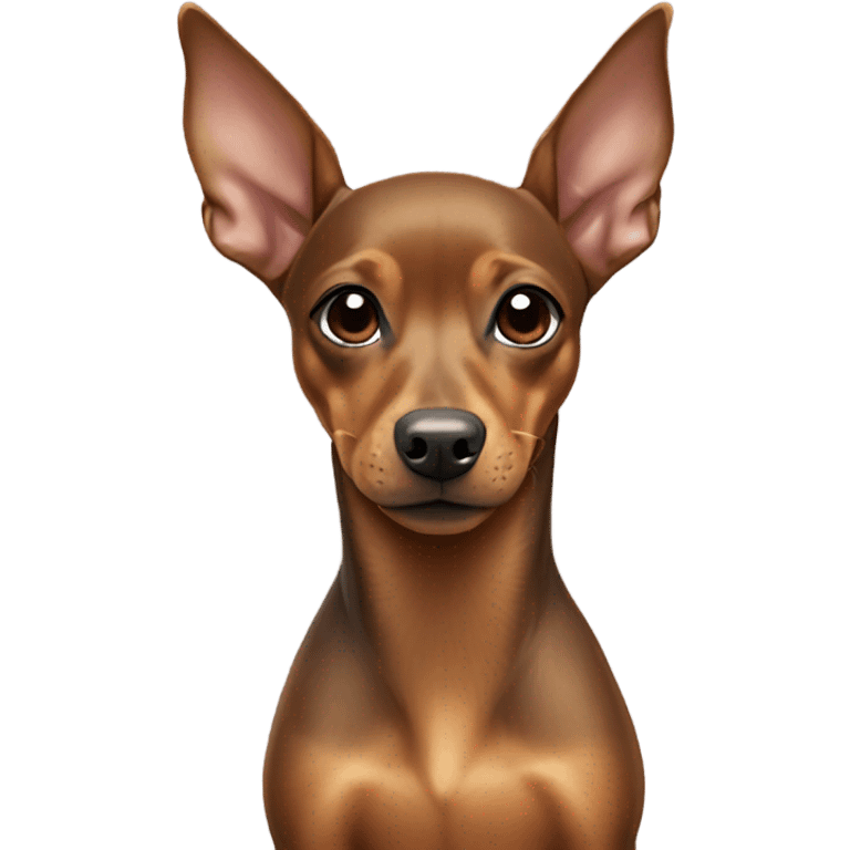 Fully tan miniature pinscher with thick neck with a white stripe in the center, and outward long ears  emoji