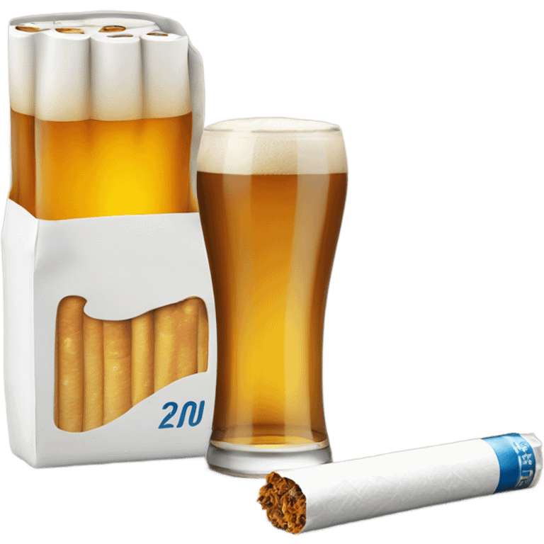 The opened white pack of cigarettes with glass of beer near it emoji