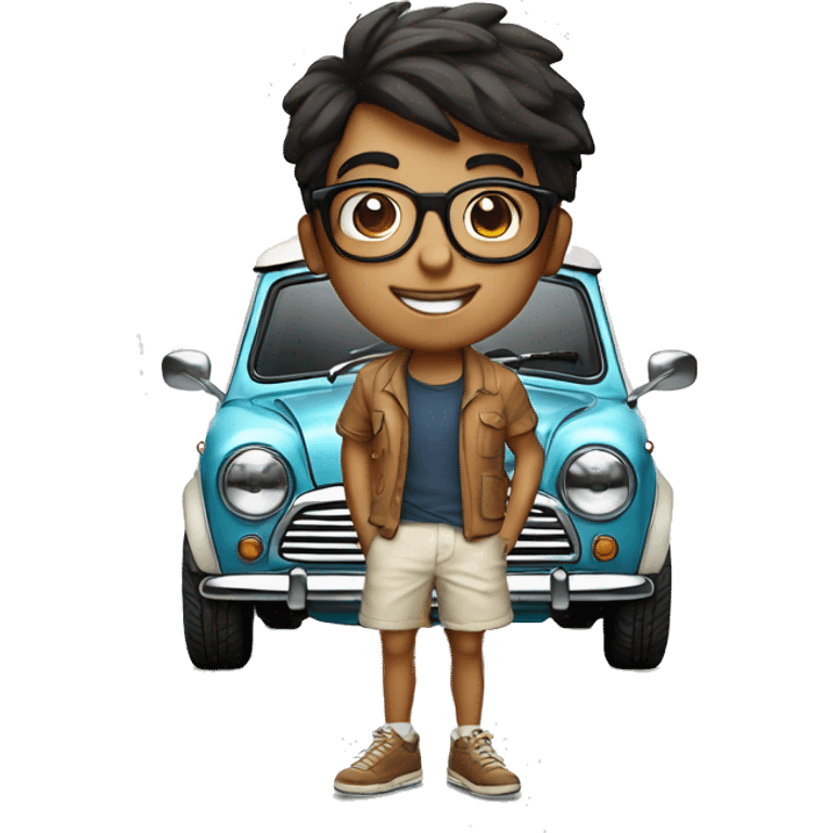 slender indian boy with glasses on shorts standing next to a classic white mini cooper emoji