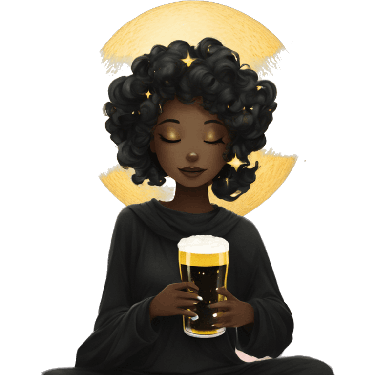 Ethereal galactic Girl wearing black and gold sat on a nebula galaxy drinking beer surrounded by golden stars and planets emoji