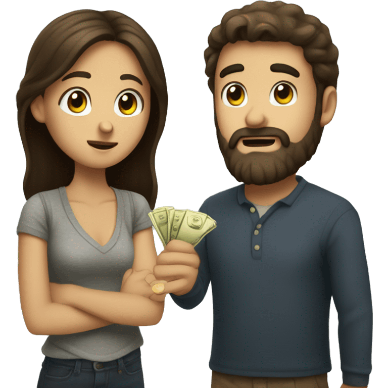 Brunette girl asking for money from her brunette boyfriend with a beard emoji